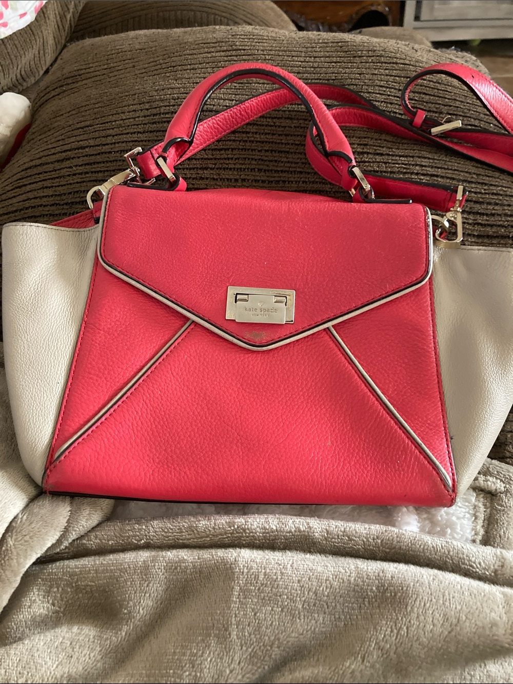 kate spade Coral Pink and Cream Leather Top-Handle Satchel